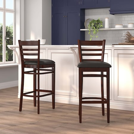Flash Furniture Ladder Back Mahogany Wood Restaurant Barstool, Black Vinyl Seat, PK2 2-XU-DGW0005BARLAD-MAH-BLKV-GG